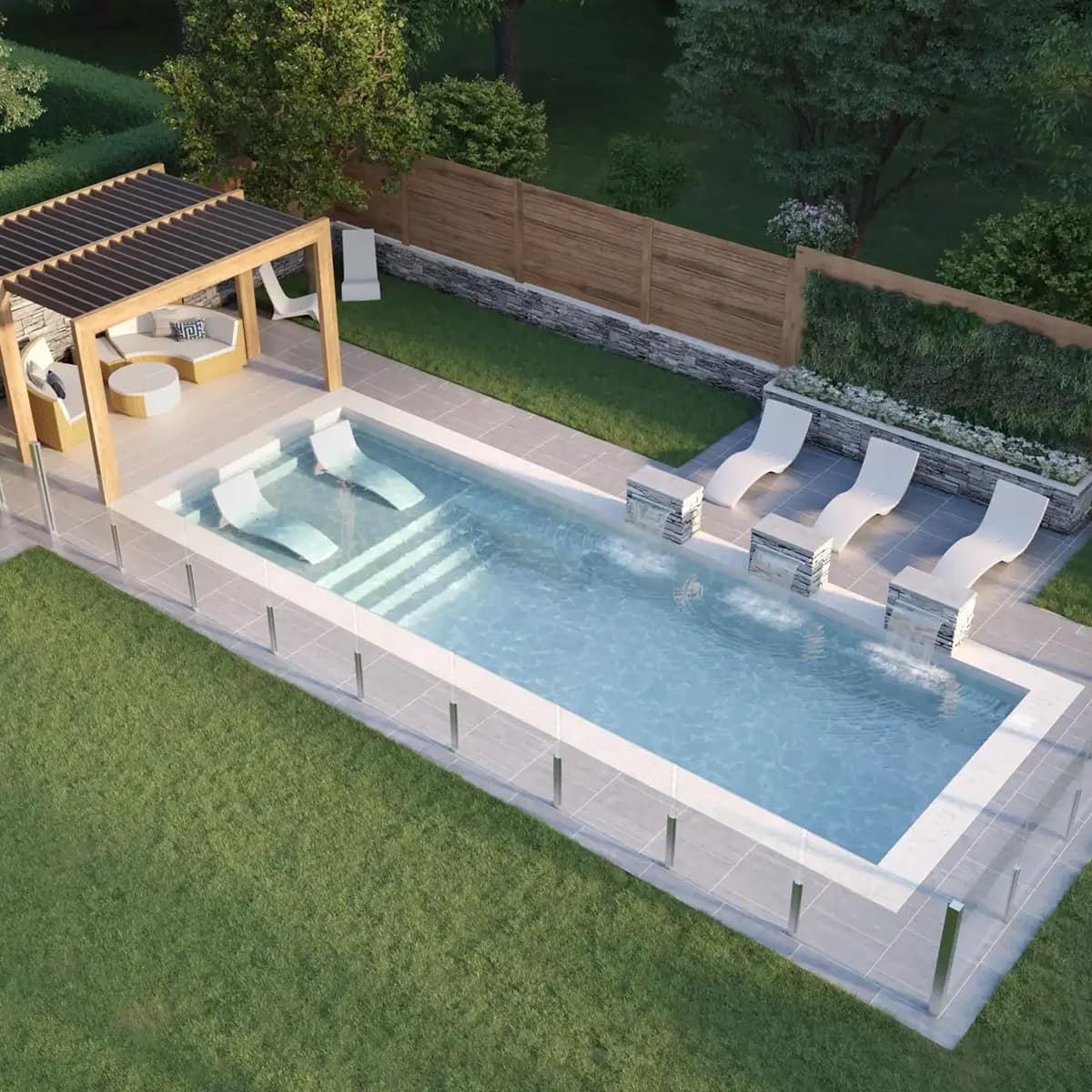 Piscine en fibre de verre avec terrasse - 12 x 34 pi
