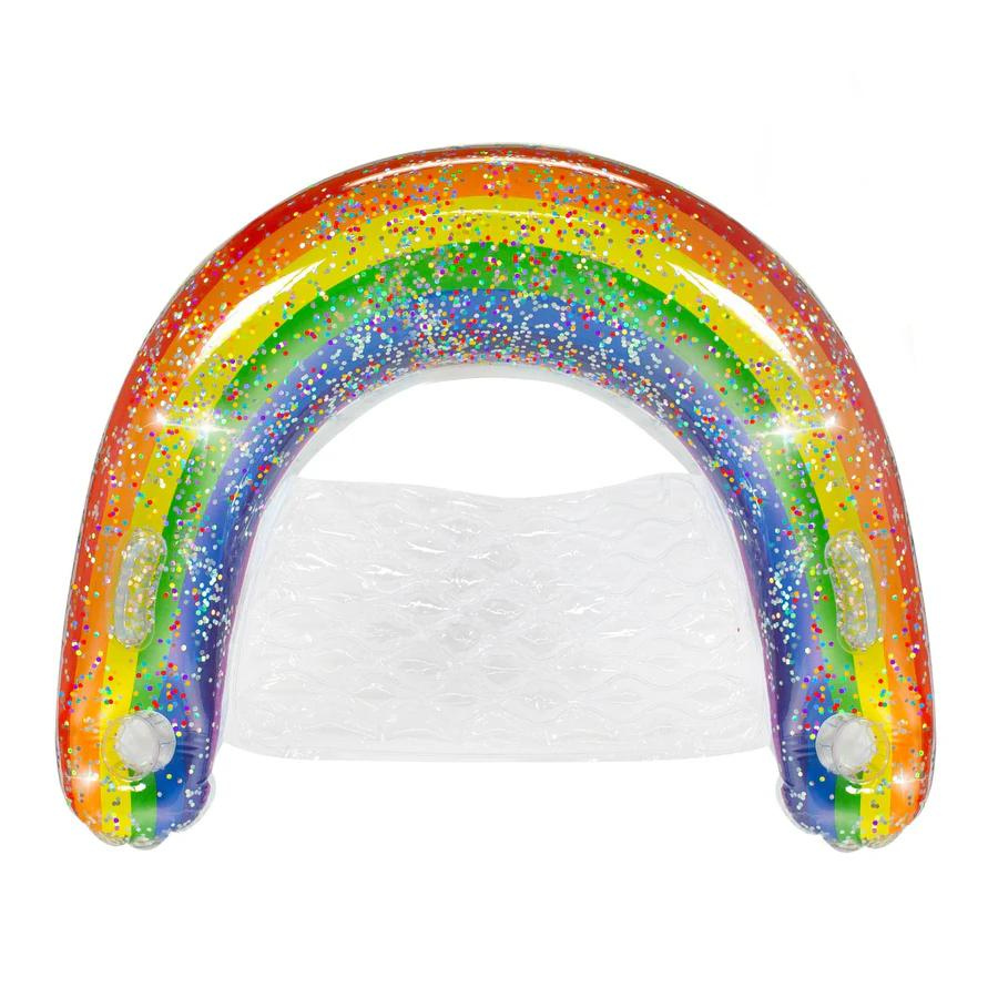 Chaise gonflable géante à paillettes arc-en-ciel